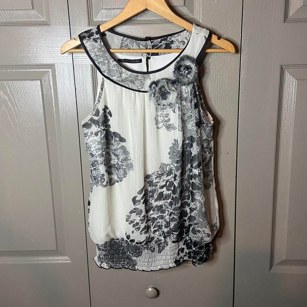 Maurices Women Floral Chiffon Blouse Rosette Smocked Hem Grey White Y2K Tank M